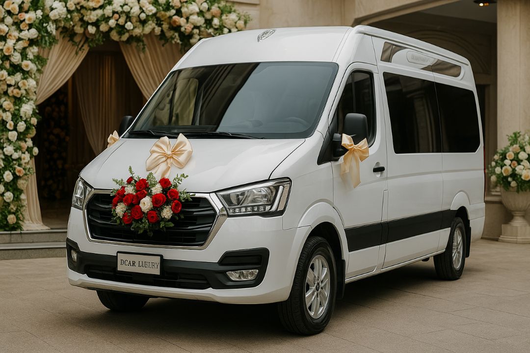 Trang trí xe cưới với hoa tươi, nơ lụa, bảng tên